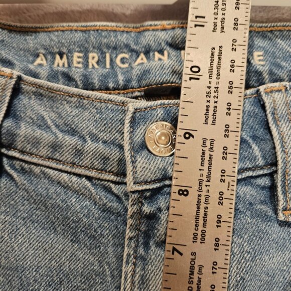 New American Eagle Jeans Womens 8 distressed Flare Leg 2 color hem Stretch Logo - Picture 8 of 16